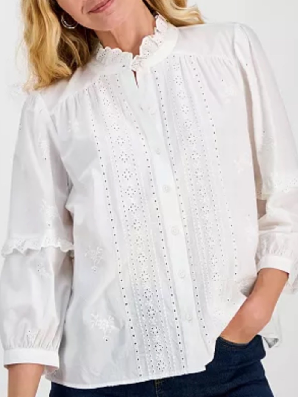 Women's Cotton Eyelet-Front 3/4-Puff Sleeve Blouse Size Plus XXL - Picture 2 of 14